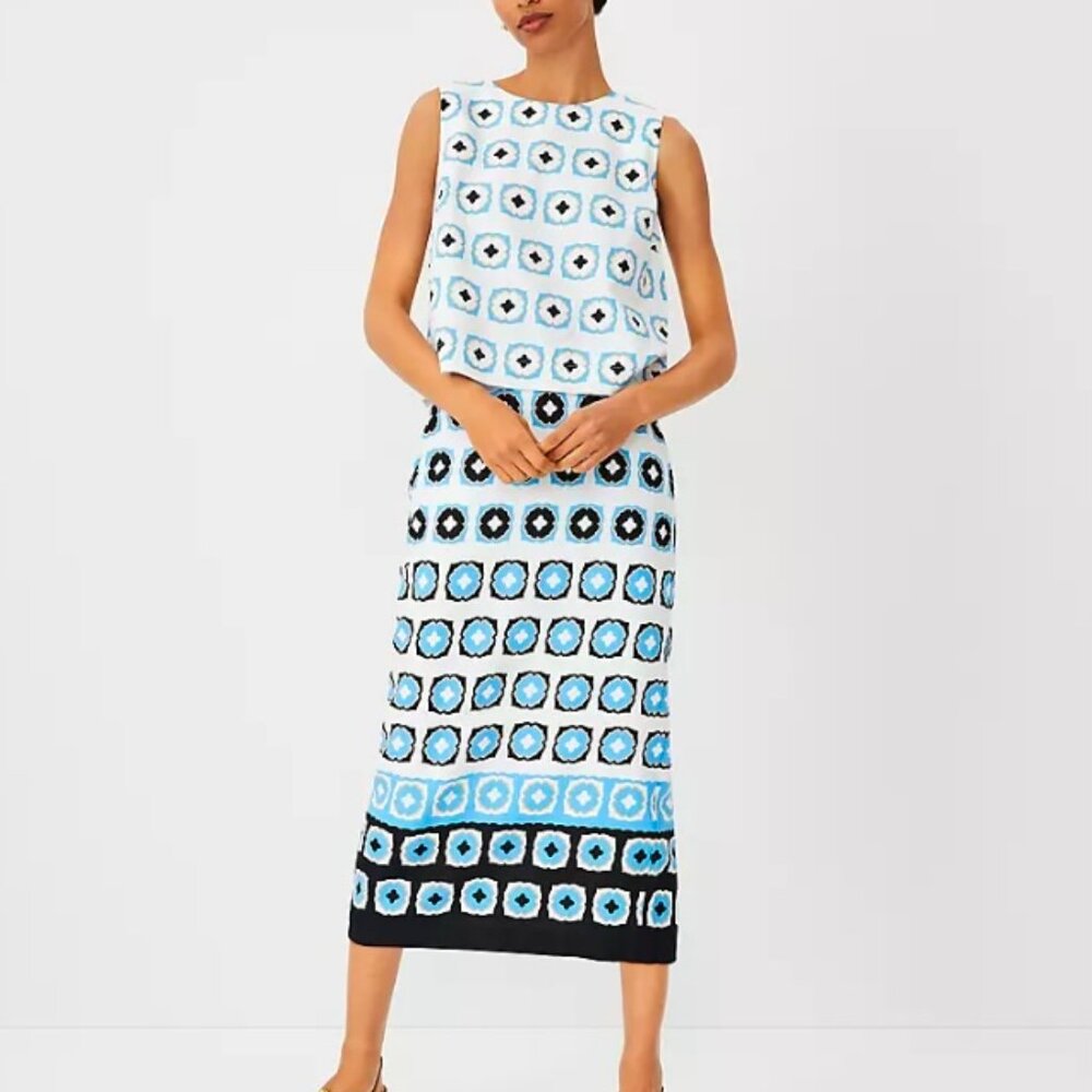 Ann Taylor Cerulean Blue Geometric Tile Print Midi Pencil Skirt Blk Wh Career 4P